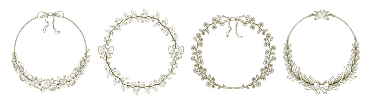 Elegant floral frames set with ribbon bows isolated on white background. Vector illustration of hand drawn round vintage lace borders, wedding invitation, greeting card decoration, botanical line art