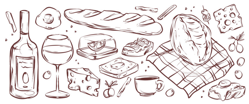 French cuisine illustration set with hand drawn doodle icons - bread on tablecloth and cheese, wine and breakfast items. Sketch of baguette and toast, coffee cup and bottle with olive and egg details.