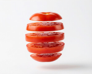 Tranches de tomate en l&eacute;vitation sur fond blanc minimaliste