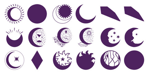 Collection of purple celestial and geometric moon phase symbols and abstract shapes