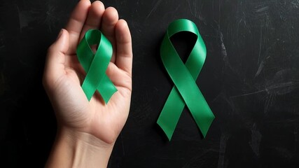 Hand holding a green awareness ribbon on a black background. Symbol of support for mental health, organ donation, and environmental causes. Health awareness campaign concept with copy space