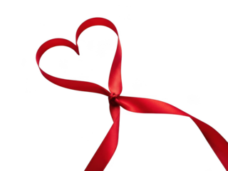 Red satin ribbon elegantly tied into a heart shape, isolated on transparent background for romantic design element or symbol of love and affection