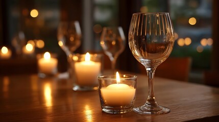 Romantic candlelit dinner ambiance with glowing candles and empty wine glasses on a wooden table