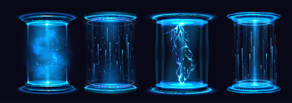 Neon blue game portals set isolated on black. Vector realistic illustration of round teleport podiums with hologram lightning, sparkle, mist effect, futuristic vr lab platform, fantasy sci-fi screen