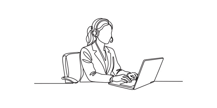 Single continuous line drawing of a call center woman wearing a headset and working at a computer. Minimalist one line art of customer support representative, or business communication concept.