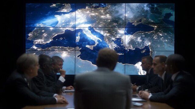 4k NATO Summit round table meeting with digital maps on screen, defense coordination and strategy planning nato, defense, strategy, maps, technology, global alliance, diplomacy, leade