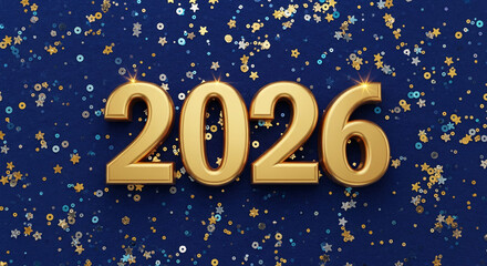 Naklejka premium Gold numbers 2026 on blue background with confetti. It is representative of future, event, date, invitation or celebratory design concept