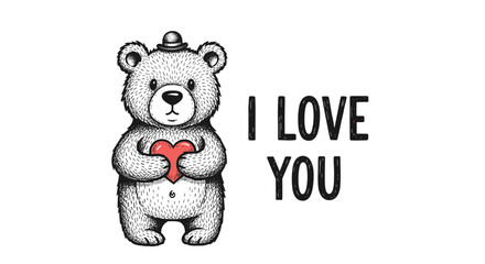 Hand-drawn sketch illustration of a cute teddy bear in a small hat holding a red heart with the message 'I love you'.