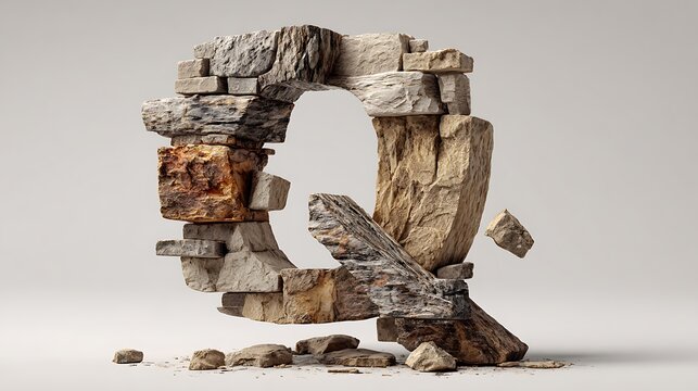 Stone-like 3D letters stacked in impossible geometry with shadow play