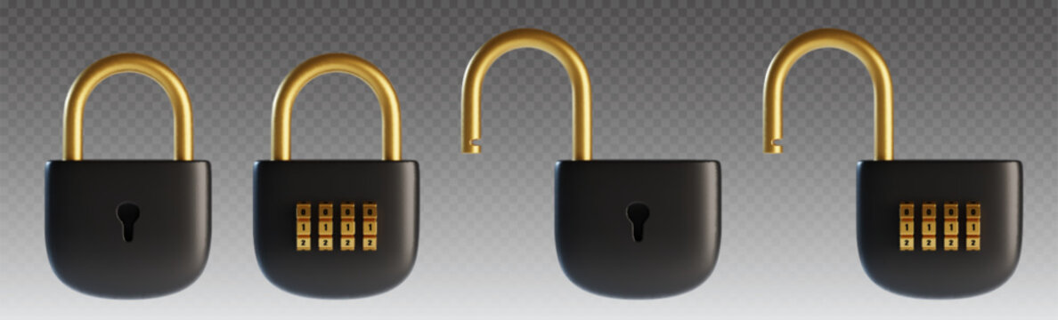 Combination padlocks set isolated on transparent background. Vector realistic illustration of open and closed iron black and gold dial lock with number code and keyhole, security and privacy symbol