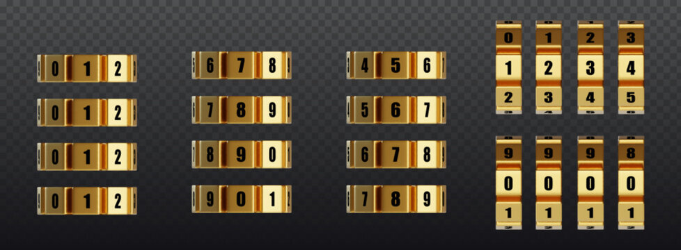 Lock number combinations set isolated on transparent background. Vector realistic illustration of gold metal dial with black figures, secret protection, safe security code, door access control system