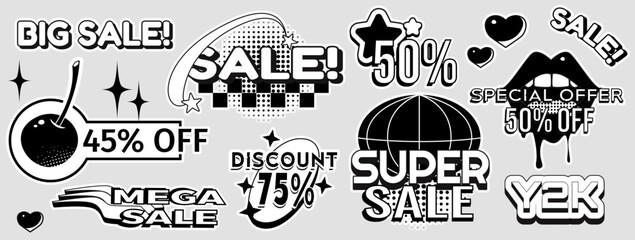 Y2K retro sale stickers with halftone patterns and bold text - trendy badge with discount labels, stars and geometric shapes. Vintage 90s graphic design elements with funky aesthetic for promo offers.