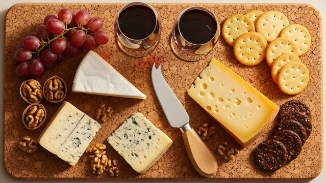 Delicious wine and cheese board with grapes nuts crackers - Powered by Adobe