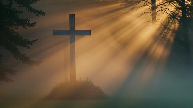 Dramatic cross standing on a hill with divine light rays shining through trees