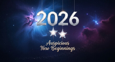Number 2026 and star ornament against nebulous backdrop, symbolizing new year anticipation and auspicious future, perfect for festive greeting