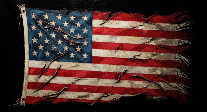 A worn and tattered american flag waves against a dark background symbolizing resilience