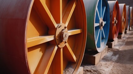 A line of large colorful industrial spools or drums painted in orange blue and red arranged in a row on a construction site under daylight