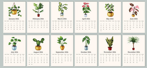 2026 year calendar vector design with watercolor indoor flower vase