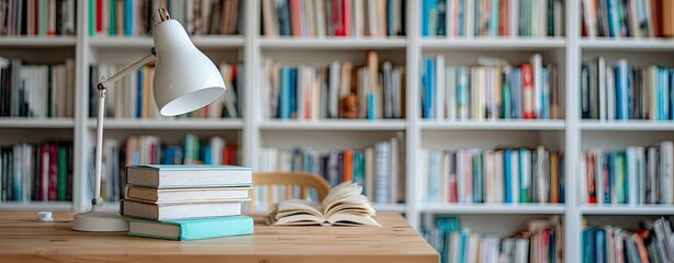 Desk with books, lamp, and open book before a bookshelf