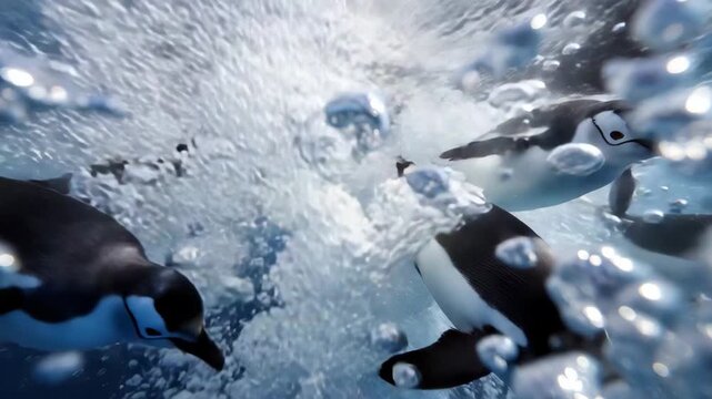 Realistic underwater scene of Adélie penguin chasing krill in Antarctica penguin, adelie, underwater, antarctica, krill, hunting, marine life, ice, wildlife