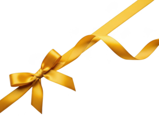 A beautiful shiny golden satin ribbon tied in a bow with a flowing wavy tail, isolated on transparent background for celebration and gift wrapping