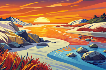 estuary beach where river meets sea features mixed coastal vegetation, combining fresh and saltwater plant ecosystems