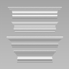 Naklejka premium White cornice molding collection with decorative trim elements - classic baseboard and crown designs with ornate plaster patterns. Architectural wall borders with realistic 3d relief frieze details