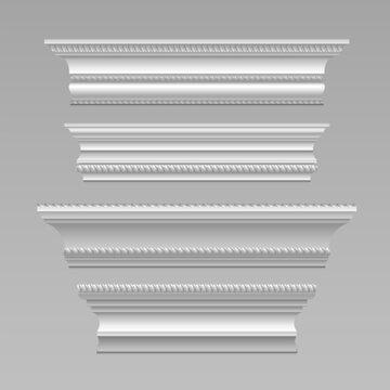 White cornice molding collection with decorative trim elements - classic baseboard and crown designs with ornate plaster patterns. Architectural wall borders with realistic 3d relief frieze details