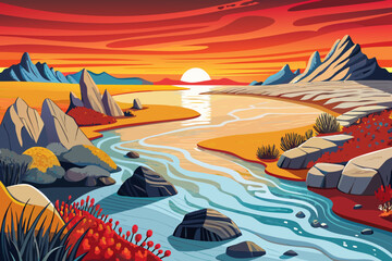 estuary beach where river meets sea features mixed coastal vegetation, combining fresh and saltwater plant ecosystems