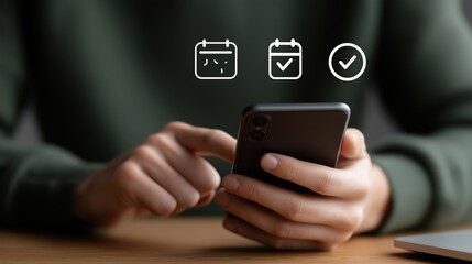Young caucasian adult using smartphone with calendar and checklist icons