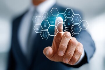 Businessman interacting with virtual interface technology and data visualization concept