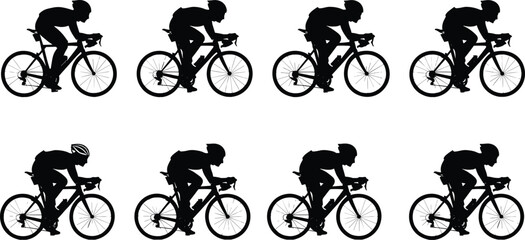 Cycling race silhouette collection featuring road bicycle riders in aerodynamic racing posture illustrated in black flat vector style isolated on white background for sports, fitness, and competition 