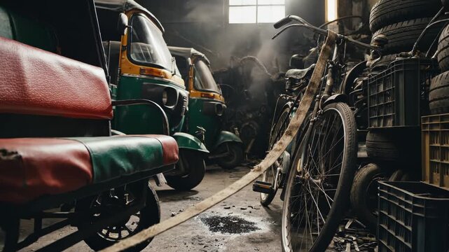 Old tuk tuks and bicycle in a cluttered garage or workshop setting