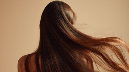 Naklejka premium Woman with long, flowing brown hair showing healthy, shiny texture, representing beauty, hair care, and professional salon treatments with movement and vitality