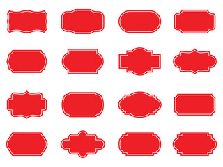 Vintage label collection with ornate frames red silhouettes. Decorative badge shapes for product packaging, branding and logo design. Set of vintage label and badges shape collections red colour.