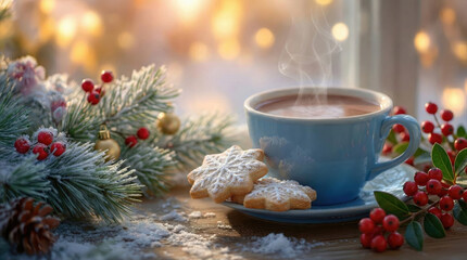 Warm Drink and Cookies on a Table With Holiday Decorations During the Winter Season
