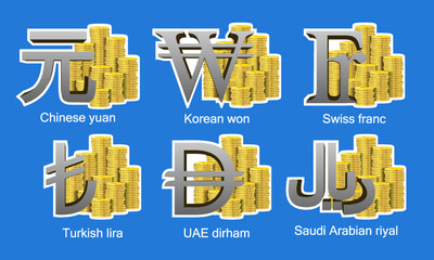 Vector 3D set of economic icons. Stacks of gold coins. World currency symbols. Yuan, won, franc, lira, dirham and riyal. Collection golden stickers. Isolated blue background