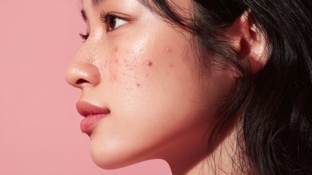 Young woman experiencing acne and skin breakouts on her cheek and forehead, focusing on skin problems, imperfect beauty, and dermatological concerns, on a pink background