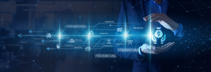 Financial Controller hands holding ledger Finance accounting reporting budgeting forecasting network connections financial statements compliance internal control audit. © bender