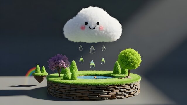 Cute smiling cloud raining over a miniature island. Happiness and weather concept. 3D rendered fluffy white cloud with raindrops over a small park with trees and a pond