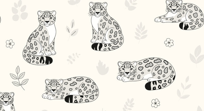 Gentle seamless pattern featuring cute, hand-drawn snow leopards in various poses with delicate leaves on a soft beige background.