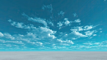 Blue sky panorama with bright white clouds over a light gray surface