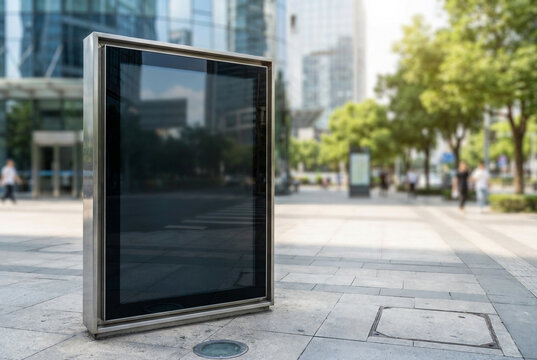 Blank modern outdoor digital billboard or advertising screen standing on a city sidewalk with blurred urban background, perfect for mockups