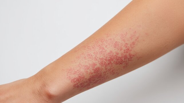 Human forearm showing red skin rash, multiple petechiae and purpura spots indicating an allergic reaction, inflammation, skin condition or underlying health issue
