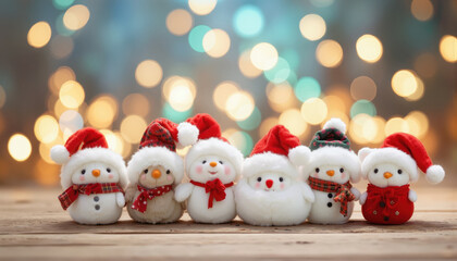 Seven Snowmen Wearing Holiday Hats Stand Together on a Wooden Table With Twinkling Lights in the Background During the Festive Season