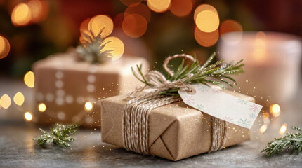 Wrapped Gifts on a Table With Holiday Lights and Decorations Creating a Festive Atmosphere for a Joyful Celebration During the Winter Season