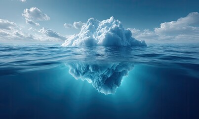 Iceberg floats in ocean, half visible above and below the waterline