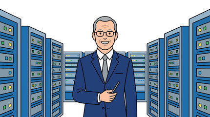 Professional male IT technician managing data servers in a high-tech data center with a confident smile and modern equipment on a dark background
