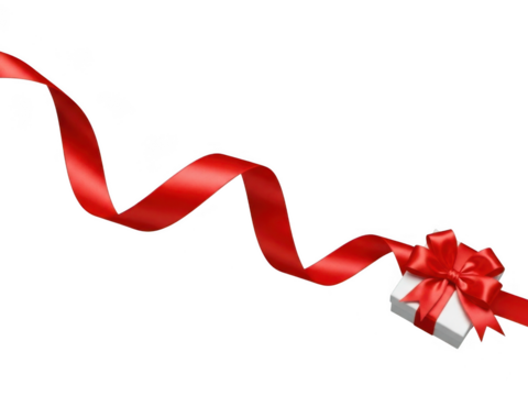 Waving red satin ribbon flowing from a small white gift box with a large bow, isolated on transparent background - Powered by Adobe