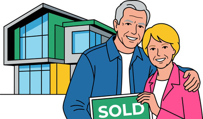 Happy elderly couple celebrating home sale with house in the background and holding 'sold' sign with transparent background